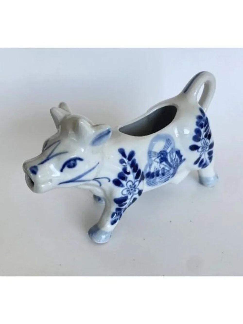 Delft Hand Painted Blue Cow Pitcher Creamer Holland Windmill Floral Vintage